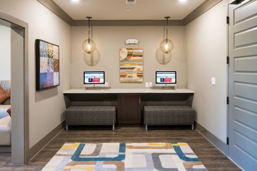 Cyber Cafe with Coffee Station and Work Areas for Residents at Echo at North Pointe Center Apartment Homes, Alpharetta, GA 30009
