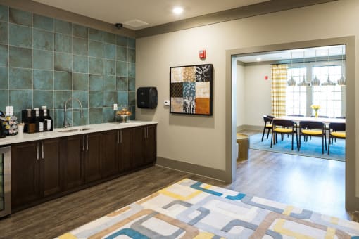 Cyber Cafe with Coffee Station and Work Areas for Residents at Echo at North Pointe Center Apartment Homes, Alpharetta, GA 30009