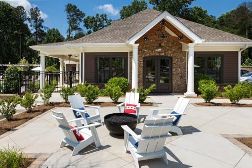 Outdoor Grilling Area with Seating & Fire Pit at Echo at North Pointe Center Apartment Homes, Alpharetta, GA 30009