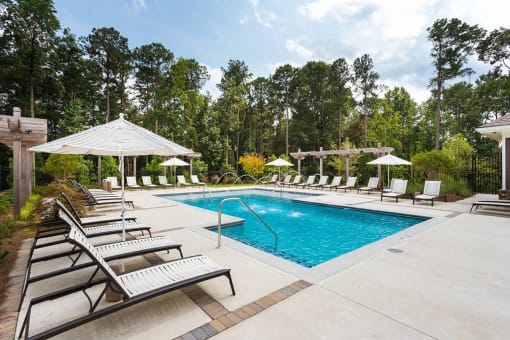 Gorgeous Modern Pool with Sunshelf and Lounge Chairs for Relaxing at Echo at North Pointe Center Apartment Homes, Alpharetta, GA 30009