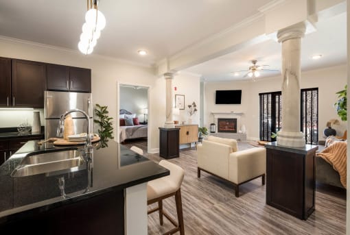 a kitchen and living room with a couch and a table at Arlo Luxury homes Apartments, Arkansas