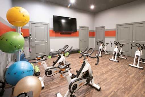 A gym with exercise equipment and exercise balls.