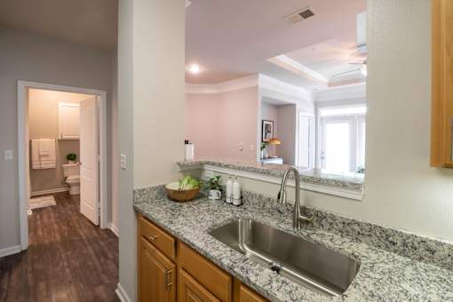 A kitchen with a granite countertop and a stainless steel sink.
