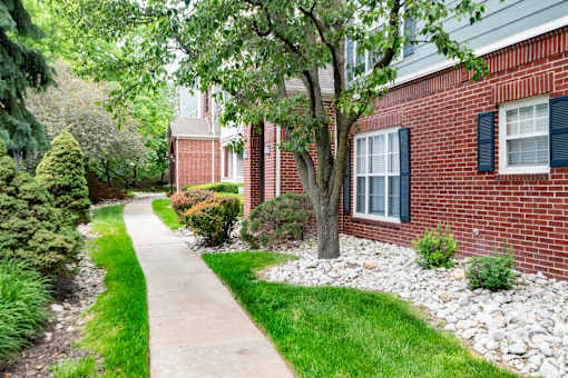 A tree in front of a red brick house.