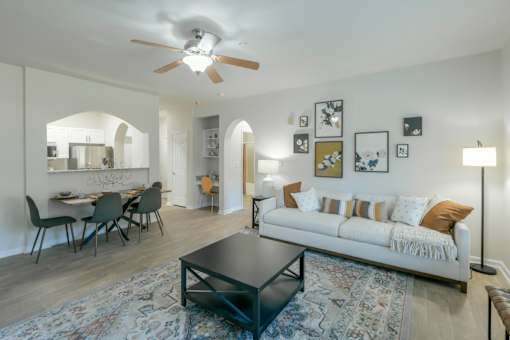 Living Room With Ceiling Fan at Henley at Mirror Lake, Villa Rica, Georgia