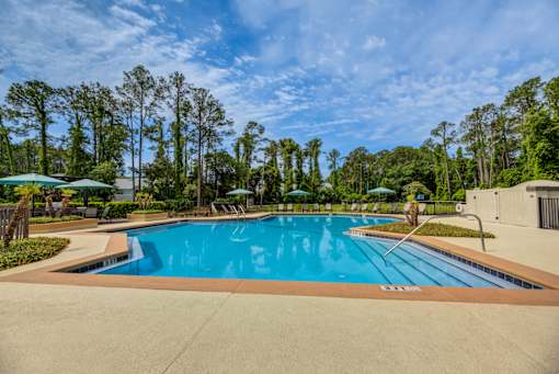 A large swimming pool surrounded by trees and a clear blue sky.