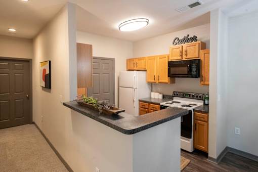 a kitchen with white appliances and wood cabinets and a counter top at Parc 1346, Chattanooga, TN, 37421