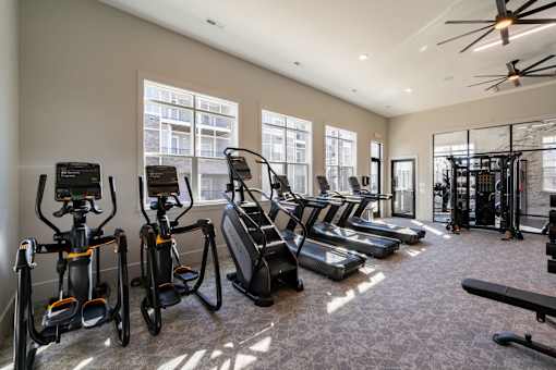 Gym with treadmills, elliptical machines, and stationary bikes at The One at Spartanburg, South Carolina, 29303
