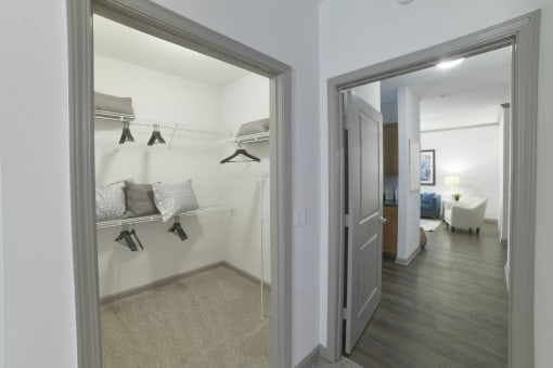 a bedroom with a closet and a mirror