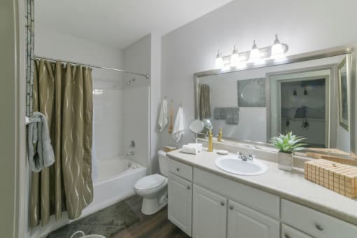 a bathroom with a sink and a shower and a toilet at The Shallowford, Chattanooga, TN, 37421