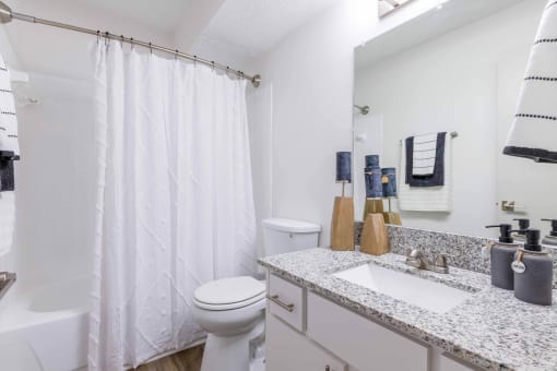 a bathroom with a shower and a sink and a toilet at The Waters at Chenal, Little Rock