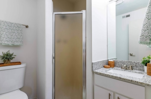 a bathroom with a shower and a sink and a toilet at The Waters at Chenal, Arkansas, 72211