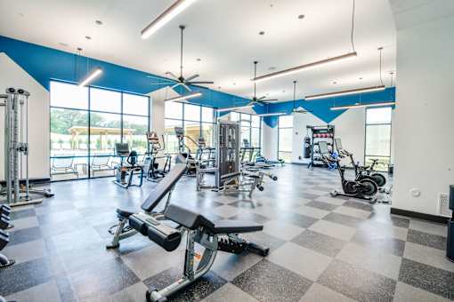 A gym with a variety of equipment including treadmills, weights, and exercise machines.