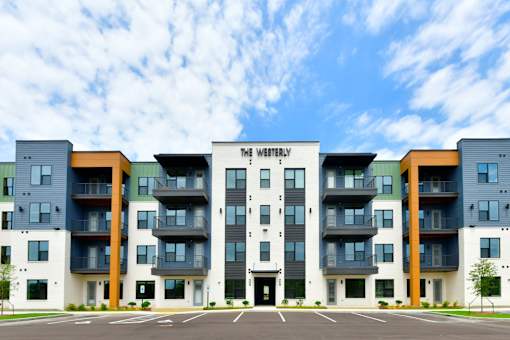Exterior of a beautiful brand new apartment community with balconies