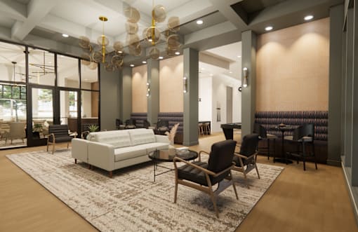 A modern living room with a white sofa and wooden chairs at Grays Creek Apartments, Cordova, TN