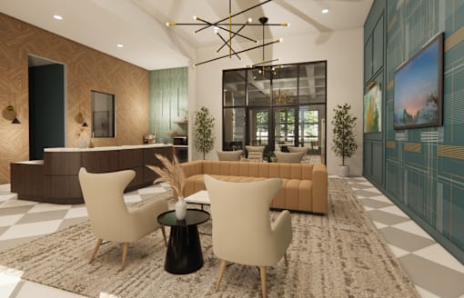 A modern living room with a large sofa, two chairs, and a coffee table at Grays Creek Apartments, Cordova, 38018