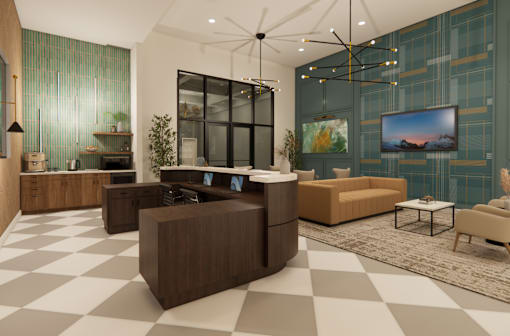A modern living room with a black and white checkered floor at Grays Creek Apartments, Cordova, TN, 38018