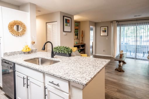 Modern Kitchen overlooking Living Room at Grove Point, Norcross, Georgia