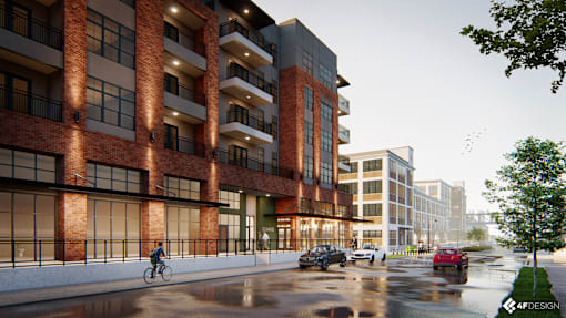 a rendering of a tall brick building with a street with cars and a person riding