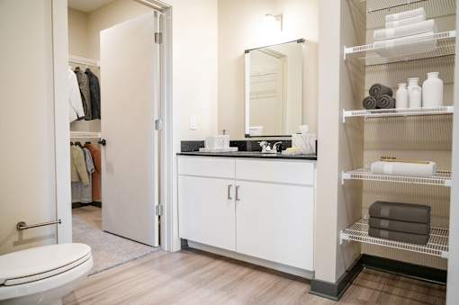 A bathroom with a toilet, sink, mirror, and shelves at Harbor Side at Conwood Flats Apartments in Uptown Memphis, TN