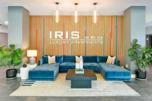 A living room with a blue couch and a sign that says "IRIS LUXURY APARTMENTS".