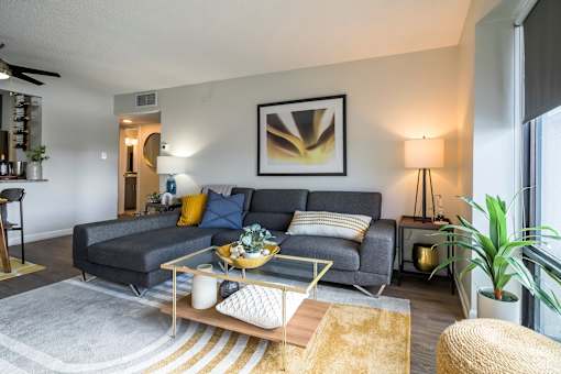 A living room with a grey couch and a painting on the wall.at Iris Luxury Apartments, Tennessee  