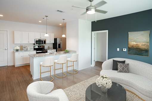 Living Room With Kitchen at Lakeland Town Square, Lakeland, TN, 38002