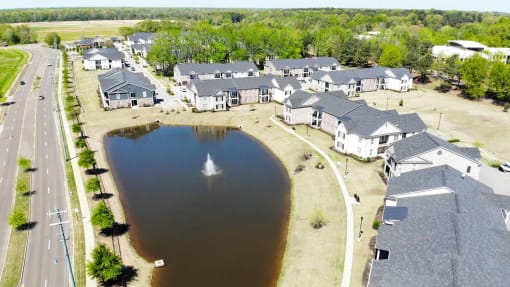 an aerial view of community and lake at Meridian Park in Collierville, TN 38017