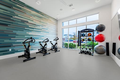 A gym with exercise equipment and a colorful wall.