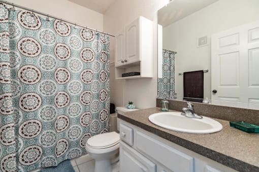 Bathroom with mirror, sink and cabinet at Paradise Island, Jacksonville, FL, 32256