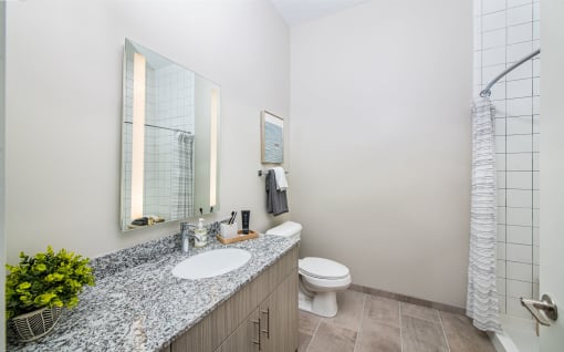 a bathroom with a sink and a toilet and a shower at The Baxly, Savannah, 31401