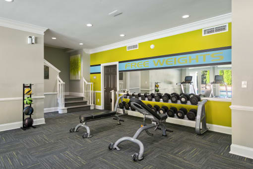 Fitness Center and Free Weights located at St. Andrews Apartments in Johns Creek, GA 30022