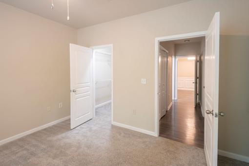 A room with two open doors and carpeted flooring.