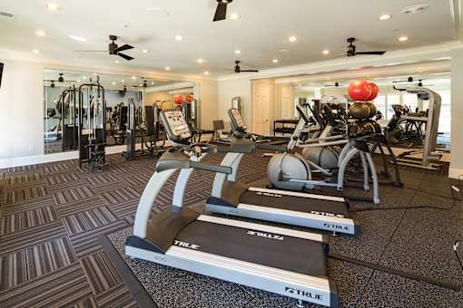 A gym with treadmills, elliptical machines, and other exercise equipment.