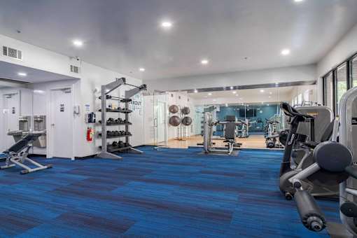 A gym with a variety of equipment including weights and cardio machines. at The Ren, Georgia, 30329