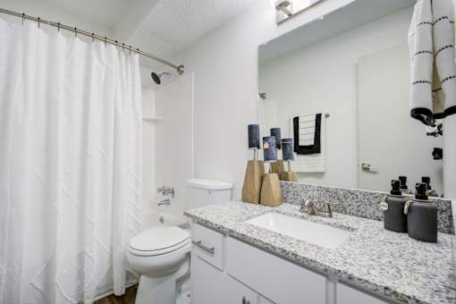 Bathroom with toilet and large mirror at The Waters at Chenal Apartments, Arkansas