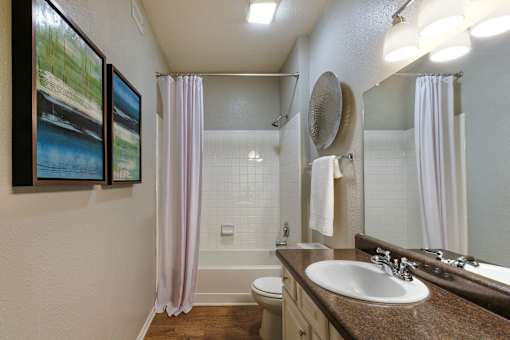 Bathroom with a white sink at The Vineyards Apartments, Germantown