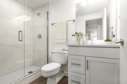 Bathroom with a stand-in shower and white cabinetry