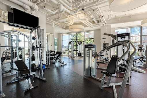 A gym with a variety of equipment including a squat rack, bench press, and a cable machine.