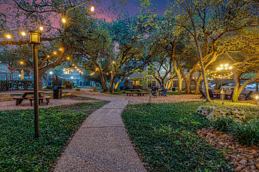 A park with a walkway, benches, and trees is lit by street lamps.