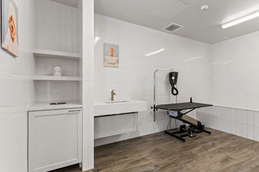 A bathroom with a sink, a cabinet, and a table.