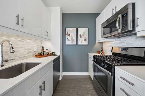 Modern galley kitchen with stainless steel appliances and quartz countertops in South Loop Chicago apartment