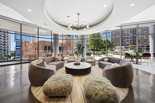 Chicago apartment lounge with seating and city views