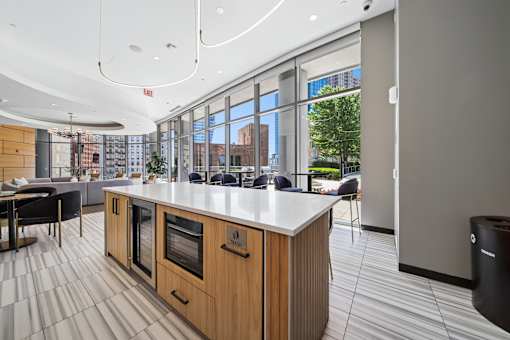 Chicago apartment kitchen lounge with island and seating