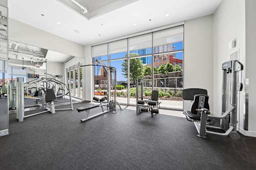 Apartment fitness studio with Chicago city views