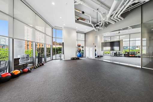Apartment fitness studio with city views