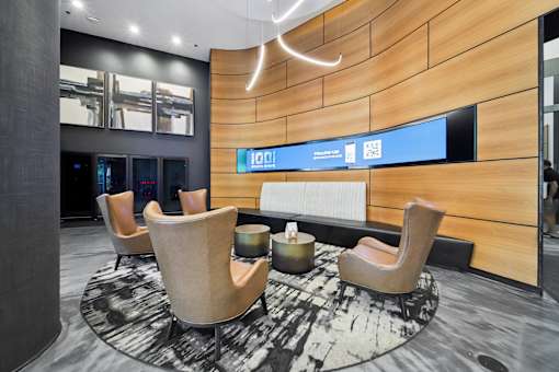 Chicago apartment lobby lounge with modern seating