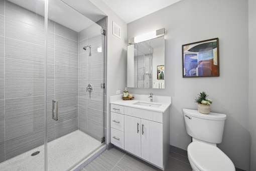 Modern bathroom with glass walk-in shower and sleek vanity in South Loop Chicago luxury apartment