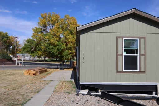 the front of a tiny house on a trailer at Pioneer Park, Green River, WY