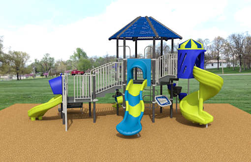 A playground with a blue and yellow slide, a yellow and blue slide, and a blue and yellow tower.